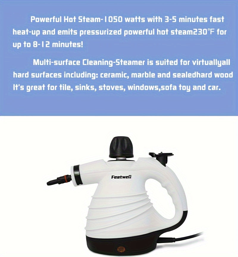 12pcs Hattyroom Deluxe Handheld Pressurized Steam Cleaner - Multi-Surface Steamer For Home, Car, Floor, And Furniture With Safety Lock - 11.83oz Large Water Tank, 1050W Powerful Hot Steam, Fast Heat-Up, Chemical-Free Cleaning