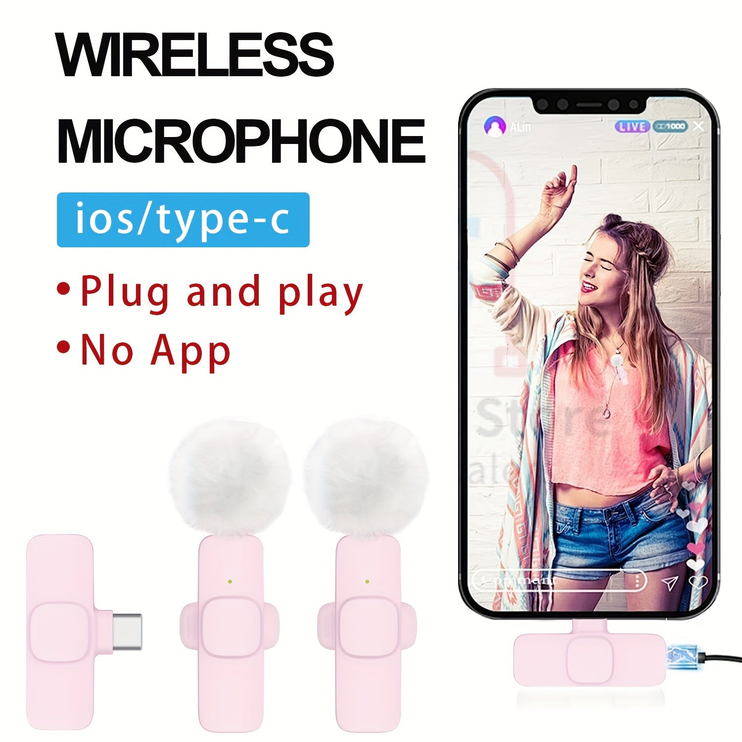 Wireless Lavalier Microphone For IPhone - Android Phone/Camera/Computer/Laptop, Professional Dual Lapel Mic For Video Recording, Vlog, TikTok-Pink