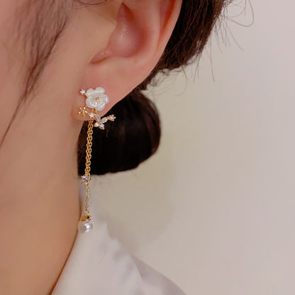 Sterling Silver Needle  Flower Dual-wear Tassel Earrings